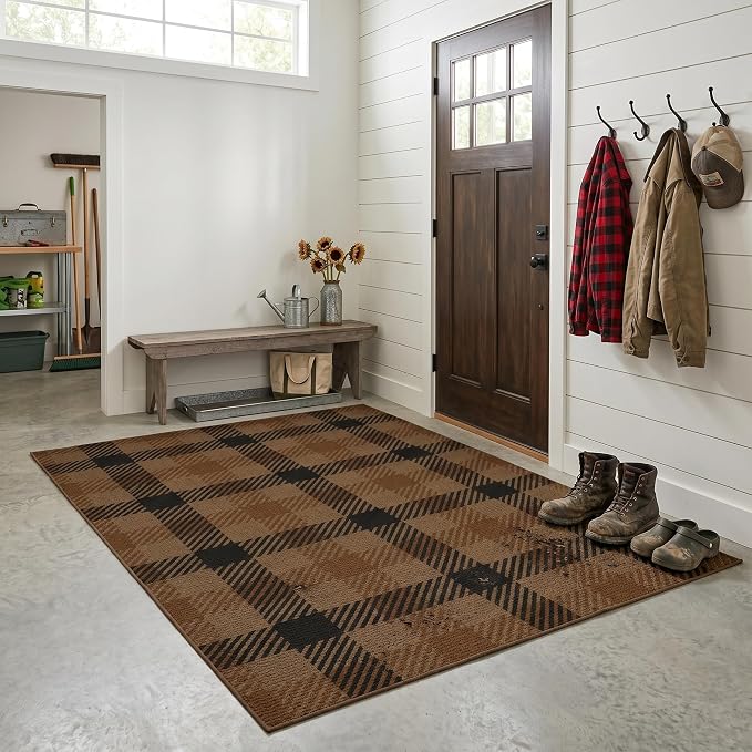 5x7 Farmhouse Mudroom Rug – Washable Non Slip Large Entryway Area Rug for Back Door, Garage Entrance, Durable Indoor Outdoor Style Plaid Rug for Kitchen Dining Room, Black and Tan