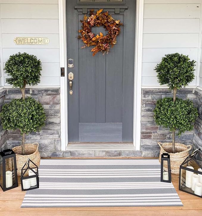 Grey and White Striped Rug 24'' x 51''Outdoor Front Porch Rug Hand-Woven Machine Washable Layered Door Mats for Entryway/Bedroom/Outdoor
