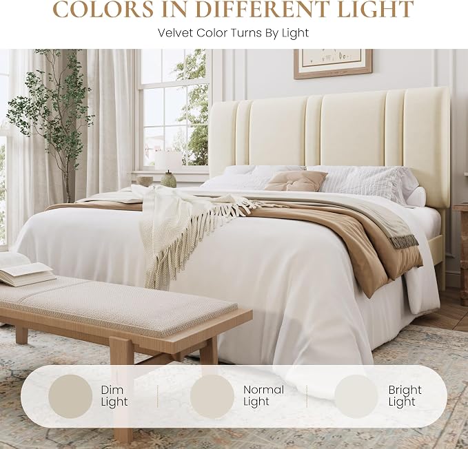 SHA CERLIN California King Bed Frame, Velvet Upholstered Bed with Adjustable Headboard, Vertical Channel Tufted Design, Sturdy Wood Slat Support, No Box Spring Needed, Easy Assembly, Cream