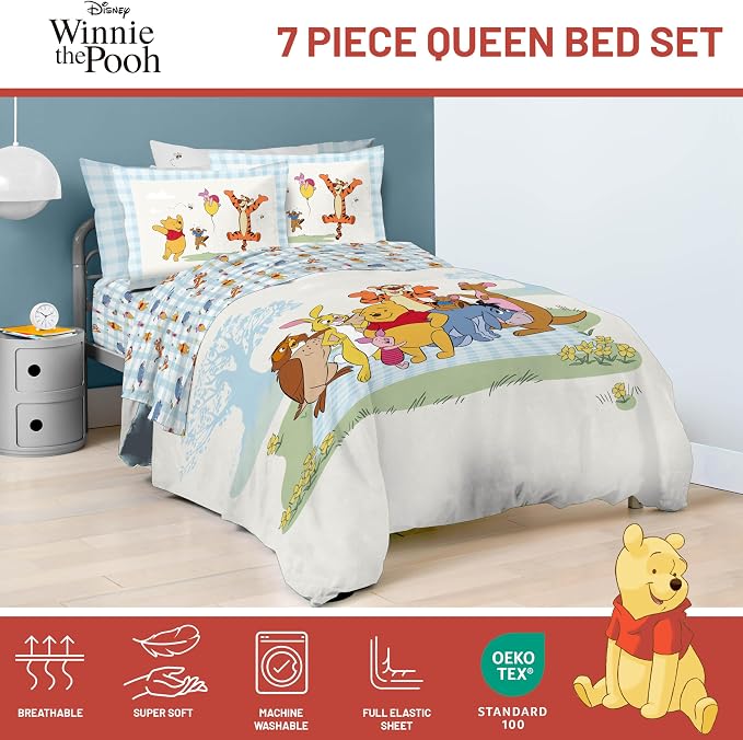 Disney Winnie The Pooh Queen Comforter Set 7 Piece Kids Bedding, White | Piglet Tigger, Bed in a Bag, Comforter Sheets Shams Pillowcases, Official Brand, Soft Microfiber, Machine Washable, Kids Gift