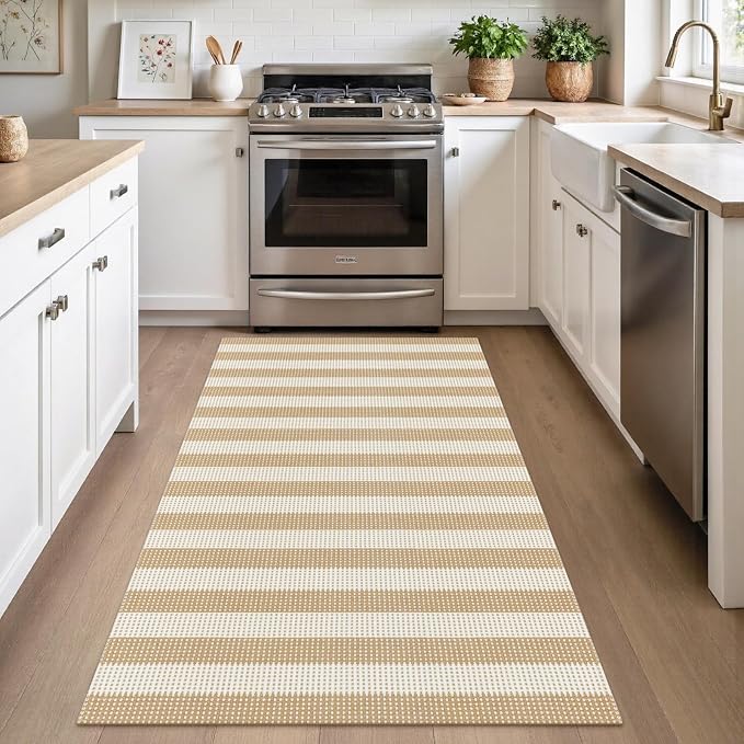 Rugalia Washable Woven Entryway Rug 3x5, Natural Beige Striped Cotton Indoor Outdoor Doormat Low Plie Non-Slip Kitchen Mat, Modern Neutral Floor Carpet for Porch Living Room Bedroom Patio