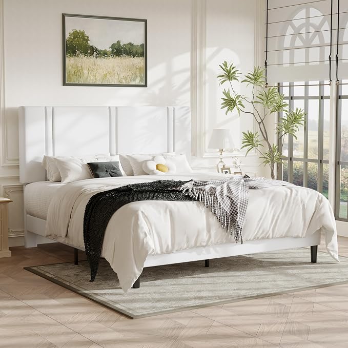 Allewie California King Size Platform Bed Frame with Adjustable Headboard | Plush Velvet Upholstered, Vertical Channel Tufted, Sturdy Wood Slats, No Box Spring Needed, Easy Assembly, Black