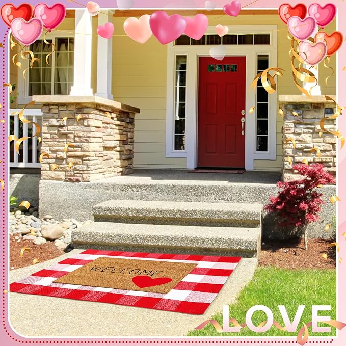 Moucuny 2 Pcs Valentine's Day Coir Welcome Doormat Valentine's Day Rug Outdoor Layered Buffalo Plaid Red and White Mat Red Heart Mat for Front Porch Entryway Outdoor