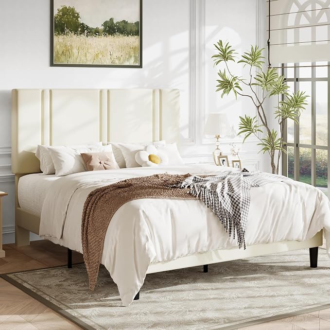 Allewie Queen Platform Bed Frame with Adjustable Headboard | Plush Velvet Upholstered, Vertical Channel Tufted, Sturdy Wood Slats, No Box Spring Needed, Easy Assembly, Cream