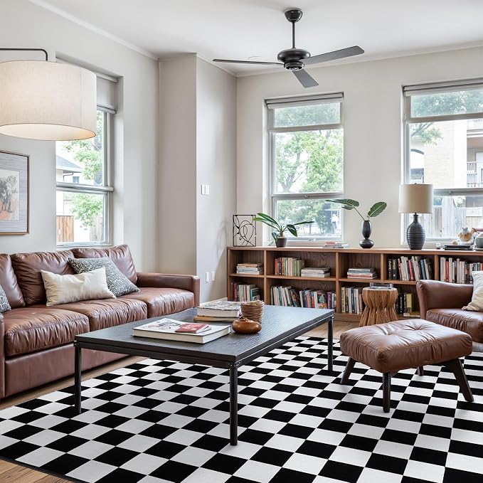Seavish Checkered Rug 8x10 Black and White Area Rugs for Living Room | Large Low-Pile Bedroom Rugs Modern Cotton Woven Checkerboard Rug Washable Neutral Rug for Dining Room Nursery Office