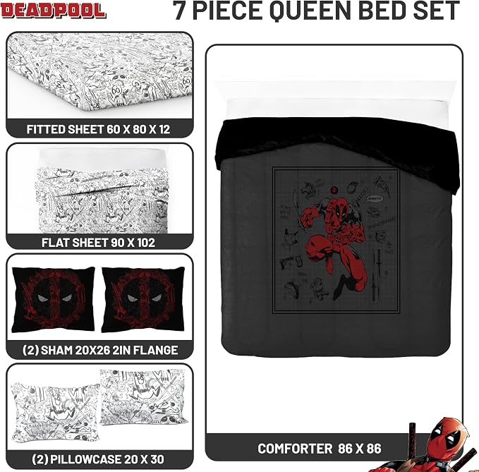 Marvel Deadpool Queen Comforter Set 7 Piece Bedding for Boys, Gray | Bed in a Bag, Comforter Sheets Shams Pillowcases, Official Product, Soft Microfiber, Machine Washable, Boys Gift