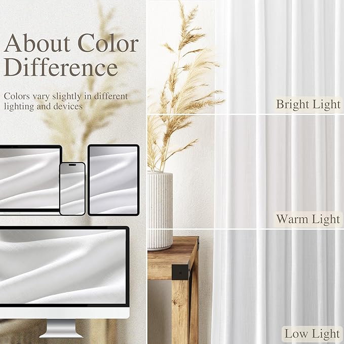 Nanspring Extra Long White Curtain 102 inches Long 2 Panels Set for Living Room Back Tab Modern Farmhouse Decor Cotton Textured Off White Sheer Linen Curtains 102 inch Length for Large Window
