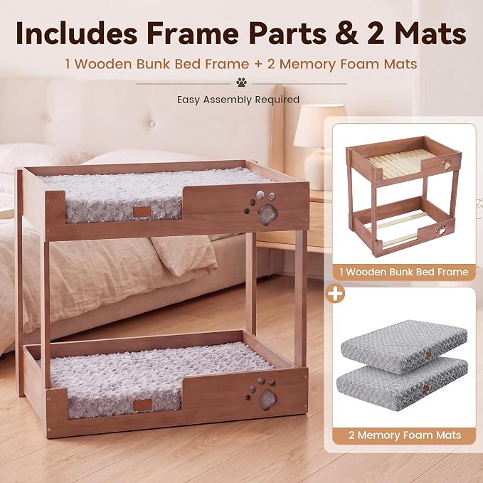 BALAPET Wooden Bunk Dog Bed with 2 Memory Foam Beds | Modern Pet Furniture, Waterproof Liners, Washable Covers, 31.1 x 20.9 x 29.9 in, Bedside Window Perch, For Medium Dogs & Cats
