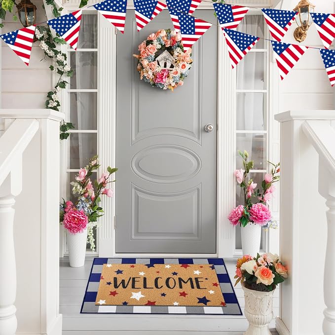 Tinideya 2 Pcs 4th of July Door Mat Patriotic Welcome Non Slip Coir Mats Red Blue White Independence Day Star Buffalo Floor Layering Doormats Seasonal for Front Porch Entryway Decor(Independence Day)