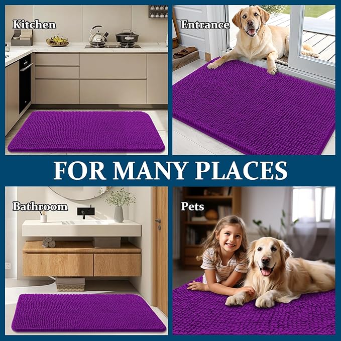 OLANLY Dog Door Mat for Muddy Paws 59x35, Absorbs Moisture and Dirt, Absorbent Non-Slip Washable Doormat, Quick Dry Chenille Mud Mat for Dogs, Entry Indoor Entryway Carpet for Inside Floor, Purple