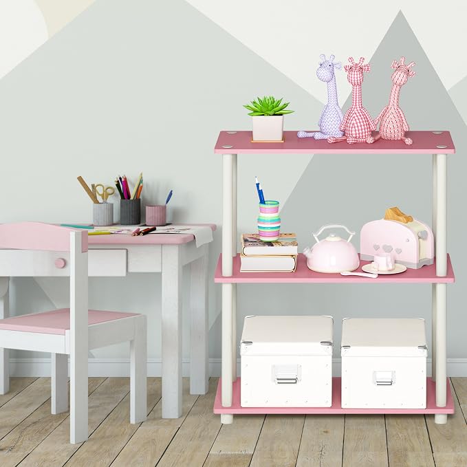 Furinno TURN-N-TUBE Storage Shelves, 3-Tier Book Shelf, Corner Shelf, Toolless Open Shelves, for Organization and Storage, Living Room, Garage, Home Office, Pink