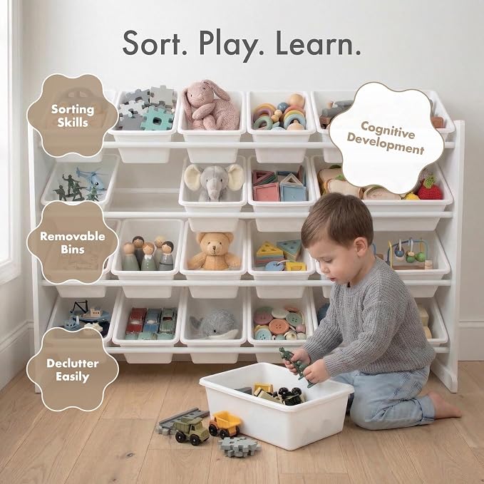 Humble Crew Kids Toy Organizer with 20 Bins, 4 Tier Storage for Playroom | Sturdy wood and steel toddler shelf, removable BPA-free containers, wall anchor anti-tip safety kit for bedroom or classroom