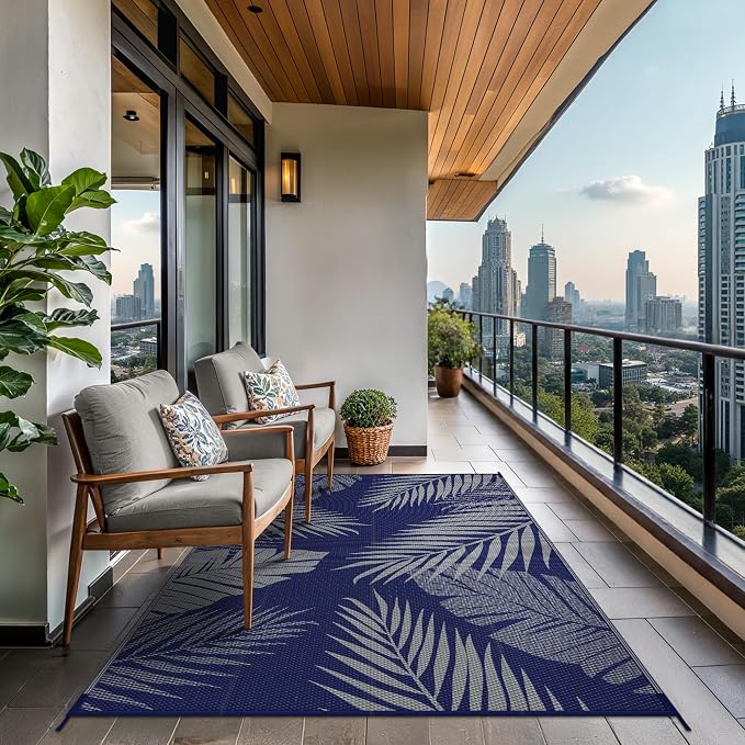 GENIMO Outdoor Rug, Waterproof Plastic Rugs for Patio, 5'x8' Blue Grey | Outside Larger Leaf Carpet Mat for Porch Decor, Deck, Balcony, Camping, RV, Backyard, Picnic, Beach, Reversible, Foldable