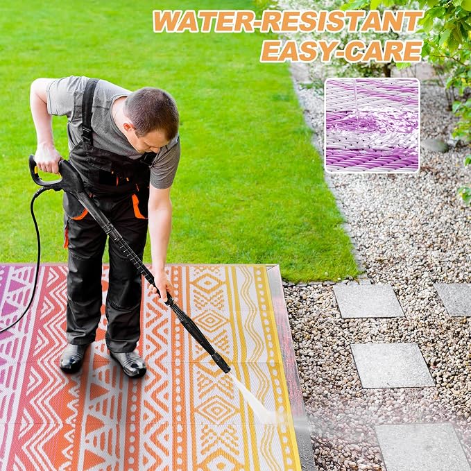 Lahome Outdoor Rug 8x10 Patio Waterproof, Reversible Outdoor Plastic Straw Rug for Camping, RV Patio Rugs Outside Large Carpet for Porch Deck Backyard Picnic(Orange/Purple,8'x 10')