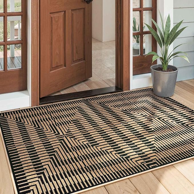 LIVEBOX Easy Jute 3x5 Outdoor Rug, Washable Non Slip Front Door Porch Rugs, Neutral Black Striped Accent Carpet Mat for Entryway, Mudroom (Black & Tan)