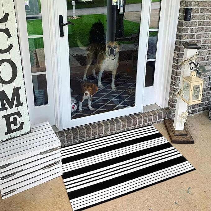 LEEVAN 2'X3' Black and White Striped Woven Cotton Reversible Outdoor Rug | Small Machine Washable Front Porch Rug, Entryway Door Mat, Indoor Layering Carpet for Farmhouse Bathroom Laundry