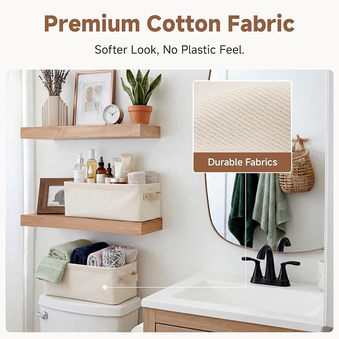 StorageWorks Narrow Storage Bins, Small Basket for Closet and Shelves, Fabric Organizer with Handles, Toilet Paper Storage, Beige, Cool Cotton, 2-Pack