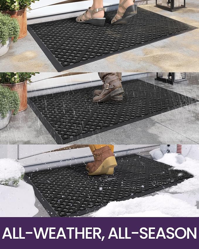 DEXI Front Door Mat Outside Entrance, 3x5 Heavy Duty Entry Doormat Dirt Trapper with Rubber Back, Non Slip Low Profile Floor Mats for Entryway Exterior Patio, Rhombic Black