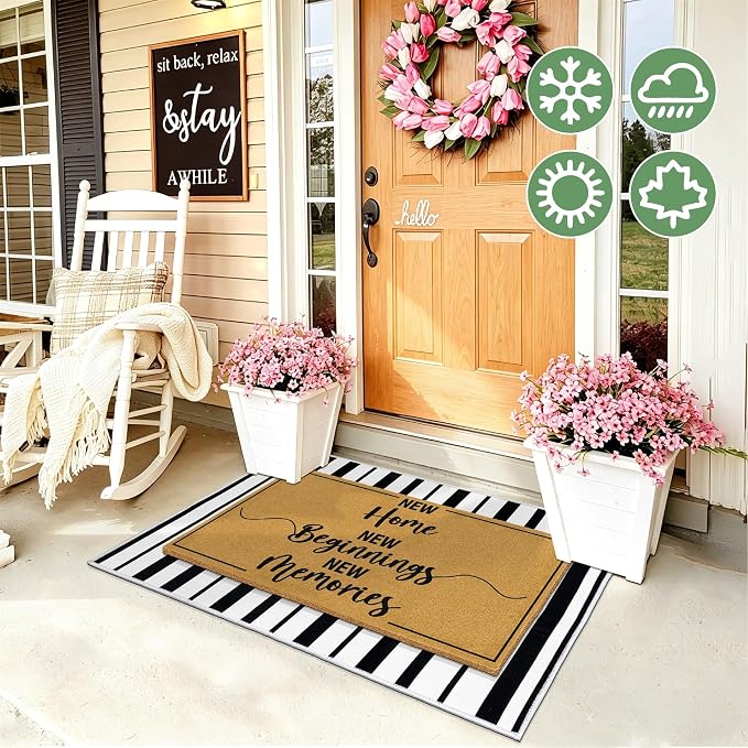 2 Pcs Coir Door Mat Welcome Mats for Front Door Porch Black White Layering Rug for Outside Entrance Non Slip New Home Area Rugs for Outside Patio Housewarming Gift Idea for Family Friends 23.6"x35.4"