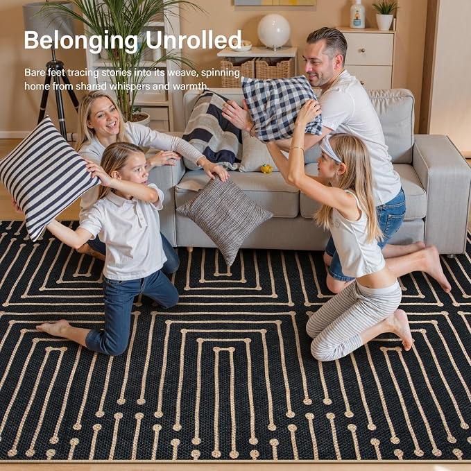 Lahome Maze Lines Washable Kitchen Runner Rug, 2x8 Black Outdoor Runner Rug | Low Pile Non Slip Non Shedding Easy Jute Carpet for Hallway Entryway