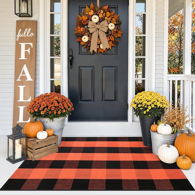OLANLY Buffalo Plaid Rug 2'4" x 3'7" (27.5" x 43") | Orange and Black Cotton Checkered Doormat, Washable Indoor Outdoor Rug for Layered Front Porch, Kitchen, Entryway Decor