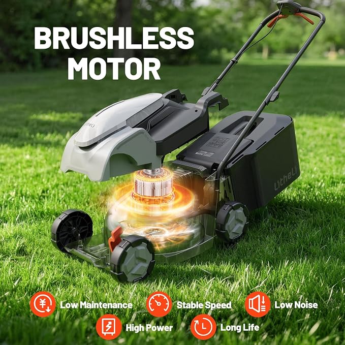 Litheli 14 Inch Brushless Lawn Mower with 2x5Ah Batteries for Long Runtime, Cordless Electric Push Mower with 5-Position Height Adjustment for Yard Garden Farm