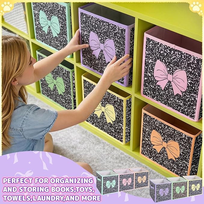 Kathfly 6 Pcs 11" Composition Notebook Fabric Classroom Storage Bins Pastel Bow Cubby Bins Storage Baskets with Handles for School Classroom Lost and Found Prize Office Home Organizer Supplies