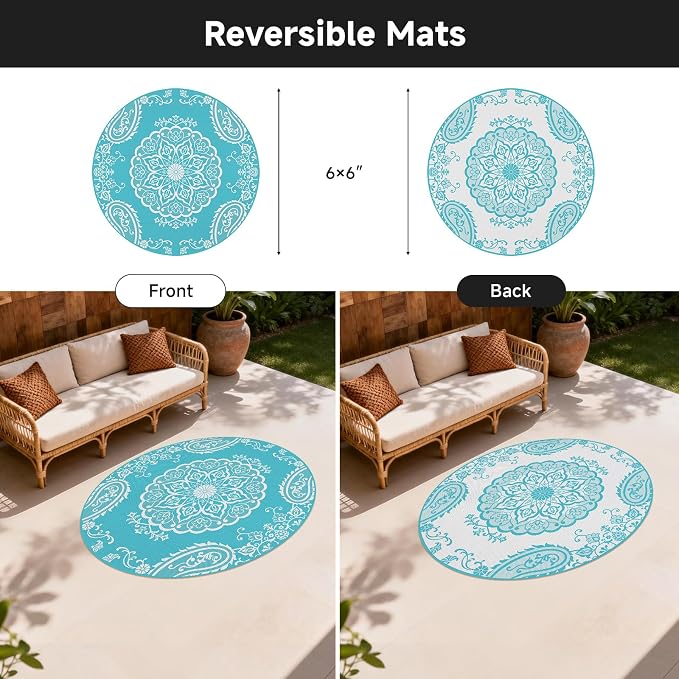Pauwer Outdoor Rug 6ft, Waterproof Plastic Straw Camping Rug, Boho Teal | Reversible Patio Rug, UV Resistant Indoor Outdoor RV Mat Carpet For Deck, Camper, Porch, Balcony, Backyard, Picnic, Foldable