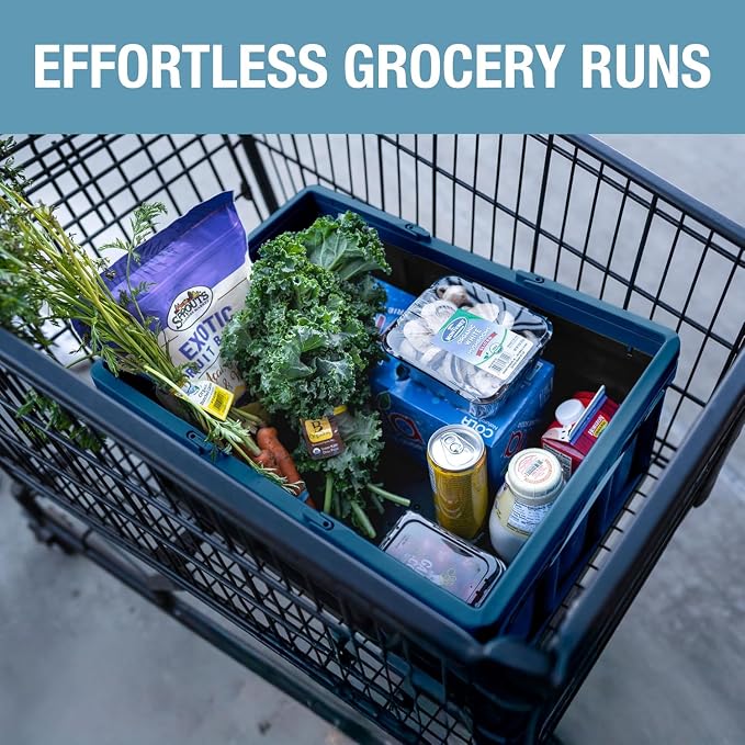 CleverMade Collapsible Shopping Basket, 32L, Recycled Plastic, Ocean | Rigid walls support up to 35 lb, while top and side handles balance heavier grocery, laundry, or gear loads.