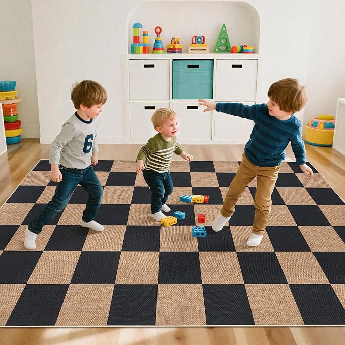 GarveeHome Checkered Easy Jute 5x7 Area Rugs for Living Room Machine Washable Non-Slip Backing Stain Resistant Modern Indoor Outdoor Rugs for Farmhouse Dining Room Patio Black Tan