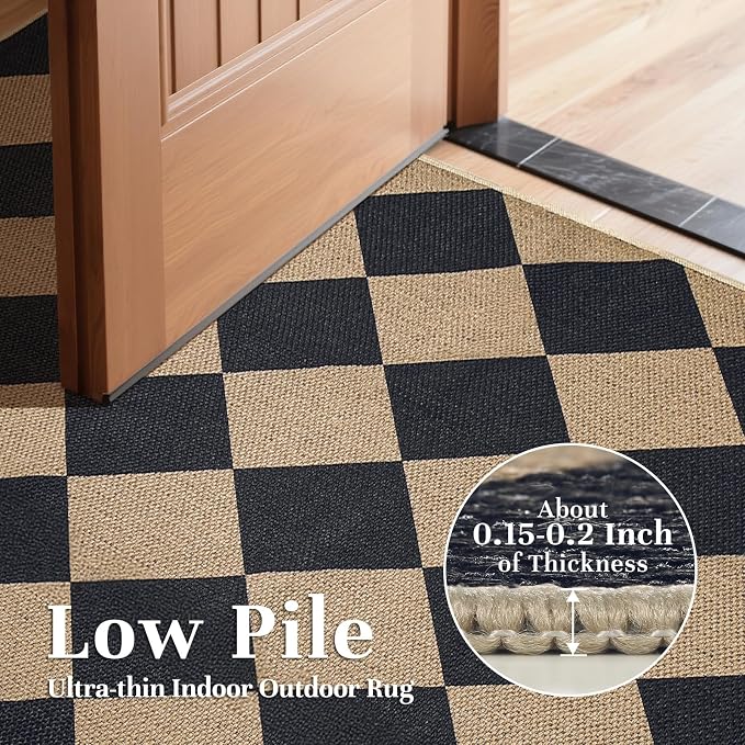 EDIMENS Checkered Easy Jute 5x7 Outdoor Rug Washable Living Room Area Rugs | Black Non Slip Outdoor Patio Rug Diamond Indoor Black Farmhouse Geometric Carpet for Backyard Front Porch Balcony