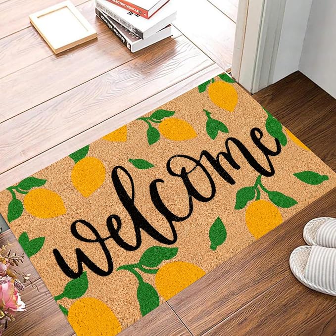 JarThenaAMCS Lemon Natural Coir Door Mat Yellow Summer Lemon Welcome Floor Mat Non-Slip Entrance Door Rugs for Indoor Outdoor Home Bathroom Decor, 16.5 x 29 Inch