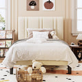 SHA CERLIN Twin Size Velvet Bed Frame with Adjustable Headboard, Cream | Vertical Channel Tufted Design, Upholstered Platform Bed, Wood Slats Support/No Box Spring Needed/Easy Assembly