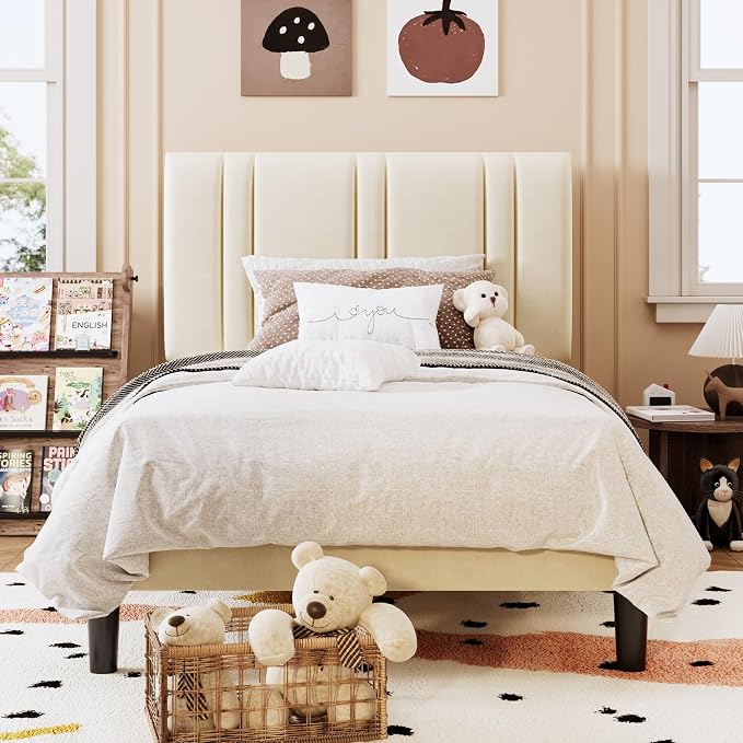 SHA CERLIN Twin Size Velvet Bed Frame with Adjustable Headboard, Cream | Vertical Channel Tufted Design, Upholstered Platform Bed, Wood Slats Support/No Box Spring Needed/Easy Assembly