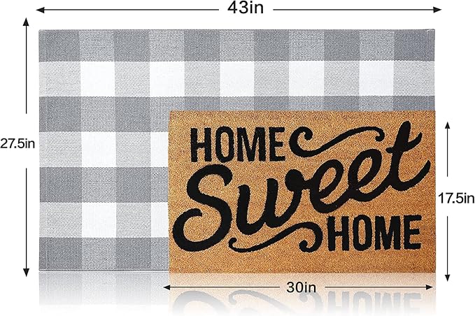 SEEKSEE Buffalo Plaid Outdoor Rug 27.5x43 Gray and White Front Door Mat, Layering Rug for Porch, Washable Doormat, Front Porch Rug for Outdoor Entrance Entryway Patio Porch Decor