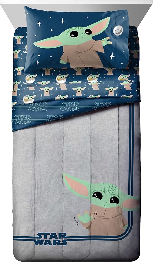 Star Wars Mandalorian Grogu Full Size Comforter Set 7 Piece Bedding, Gray | Baby Yoda, Bed in a Bag, Comforter Sheets Shams Pillowcases, Official Brand, Soft Microfiber, Machine Washable, Kids Gift