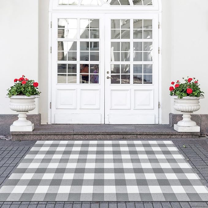 Buffalo Plaid Outdoor Patio Rug 4x6 Feet Buffalo Check Rug Cotton Woven Grey and White Checkered Outdoor Indoor Rug Washable Carpet for Living Room Dining Room Bedroom Farmhouse
