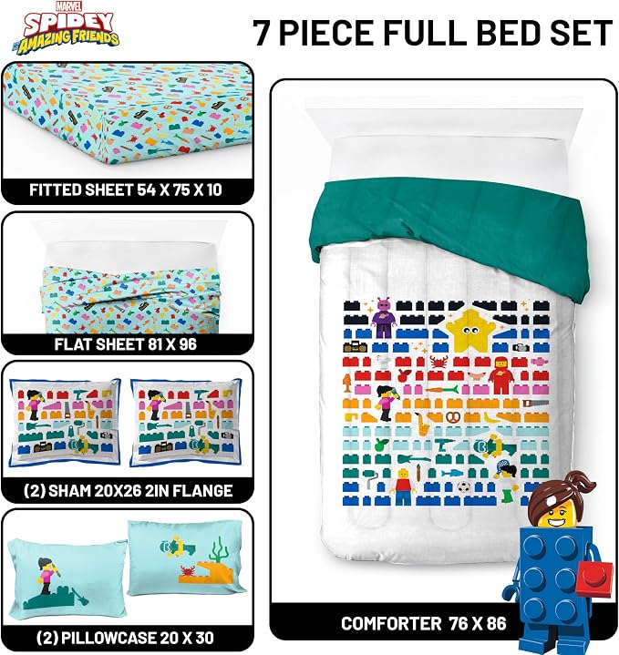 LEGO® Blocks Full Comforter Set 7 Piece Soft Kids Bedding, White | Bed in a Bag, Comforter Sheets Shams Pillowcases, Official Product, Soft Microfiber, Machine Washable Easy Care, Kids Gift