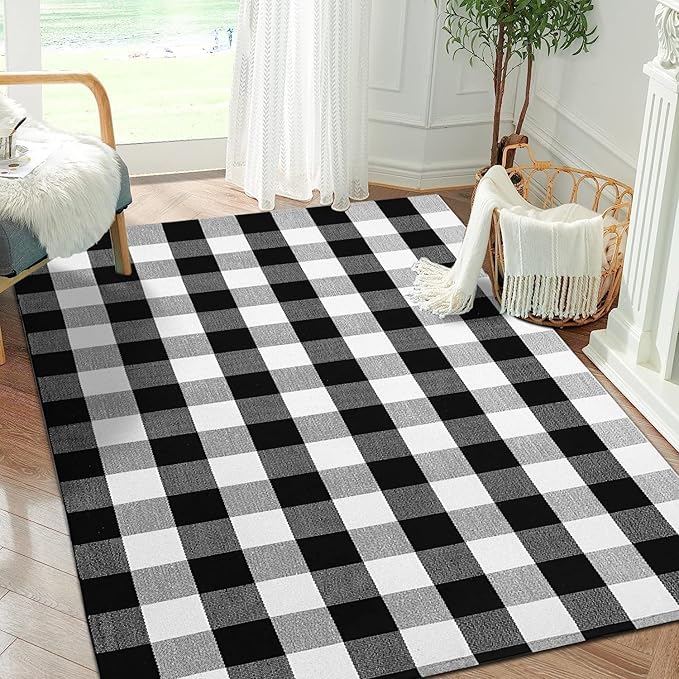Buffalo Plaid Outdoor Rug 4'x6' Washable Black White Checkered Rug Indoor Outdoor Carpet Woven Cotton Door Mat for Front Porch, Kitchen, Bathroom, Entry Way, Living Room