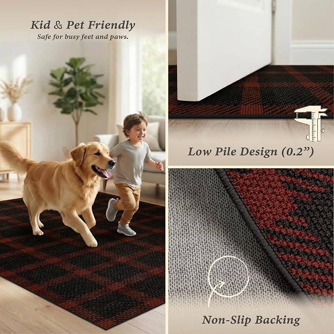 5x7 Farmhouse Mudroom Rug – Washable Non Slip Large Entryway Area Rug for Back Door, Garage Entrance, Durable Indoor Outdoor Style Plaid Rug for Kitchen Dining Room, Dark Brown