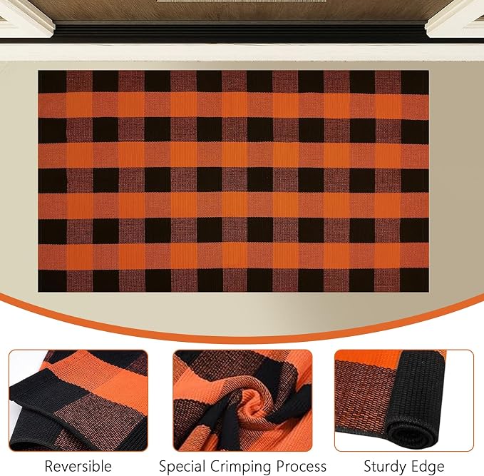 Buffalo Plaid Area Rug, Checkered Rug 3x5 Ft, Black and Orange Rug, Washable Cotton Mat for Front Porch, Entryway, Kitchen, Living Room, Halloween Decor