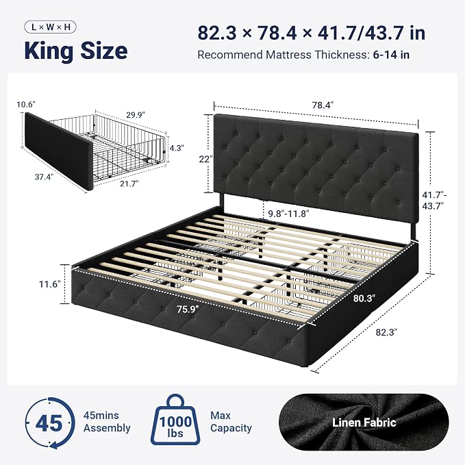 Allewie Upholstered King Size Platform Bed Frame with 4 Storage Drawers and Headboard, Diamond Stitched Button Tufted, Mattress Foundation with Wooden Slats Support, No Box Spring Needed, Dark Grey