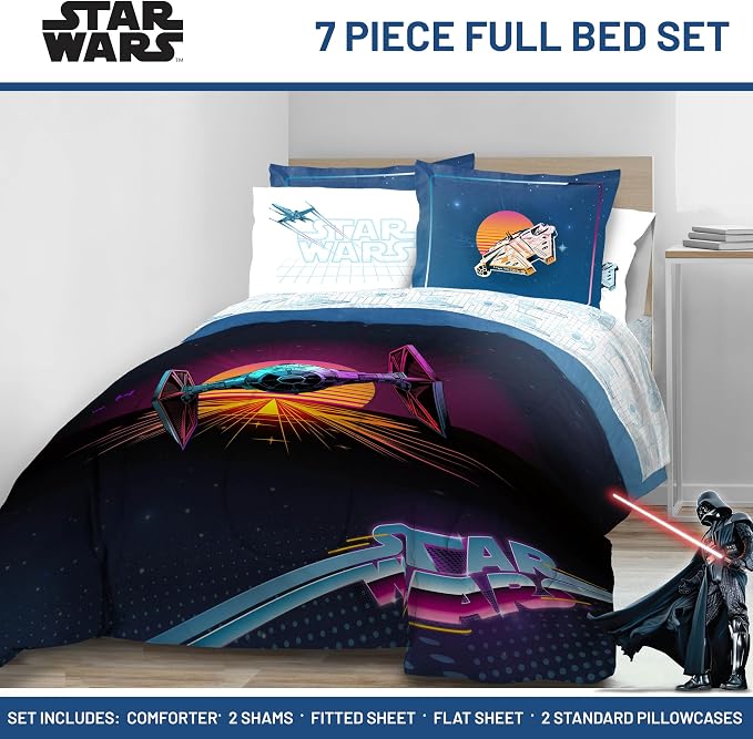 Jay Franco Star Wars Full Comforter Set 7 Piece Soft Bedding for Boys, Blue | Bed in a Bag, Comforter Sheets Shams Pillowcases, Official Product, Soft Microfiber, Machine Washable, Boys Gift