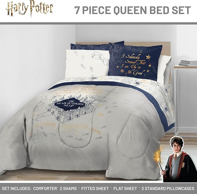 Harry Potter Queen Comforter Set 7 Piece Soft Fantasy Bedding, Beige | Hogwarts, Bed in a Bag, Comforter Sheets Shams Pillowcases, Official Product, Soft Microfiber, Machine Washable, Gift