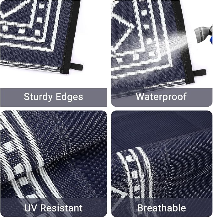 Waterproof Reversible Outdoor Rug – Durable Plastic Straw Patio Mat, Easy-Clean, Carry Bag & Stakes – Modern Geometric Edge, 9x12ft, Black Blue/White – Specification
