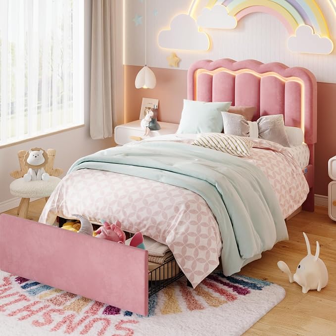 SHA CERLIN Twin Size Bed Frame with LED Lights and Storage Drawer, Pink | Upholstered Velvet Platform Bed with Adjuatable Wavy Headboard, Noise-Free, Easy Assembly,No Box Spring Needed
