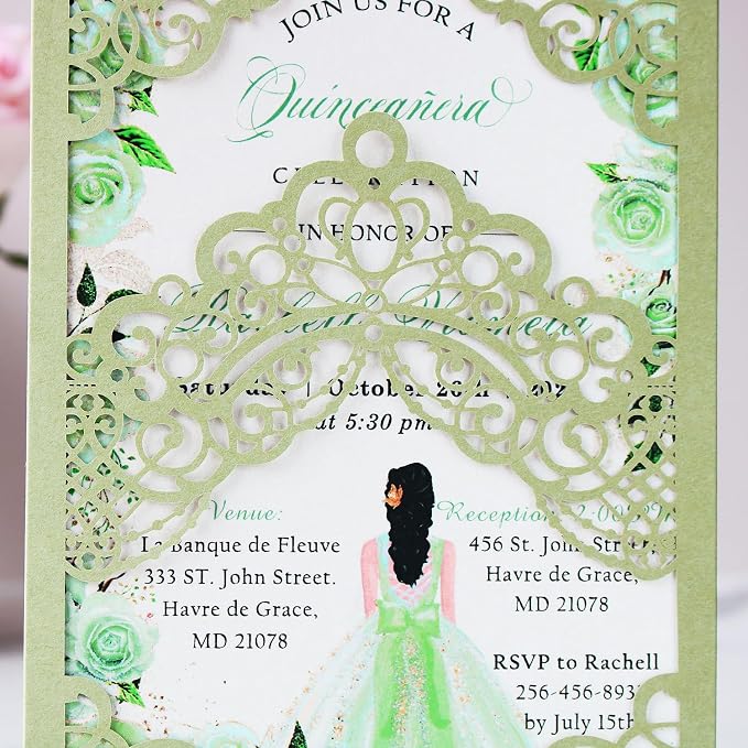 Hosmsua 50PCS Personalized Sage Green Quinceanera Invitations Kit 5.1x7.3 Inch Laser Cut Floral Crown Pocket Quince Invitation Cards with Envelopes for Birthday Bridal Shower