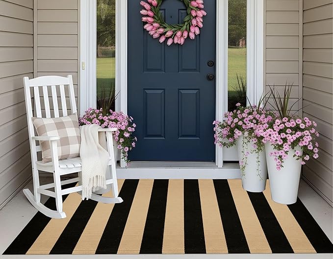 3'x5' Outdoor Rug, Black and Tan Washable Striped Porch Rug Cotton Woven Farmhouse Front Door Mats for Porch/Entryway/Home Entrance Decor/Bedroom/Laundry Room/Patio/Front Door