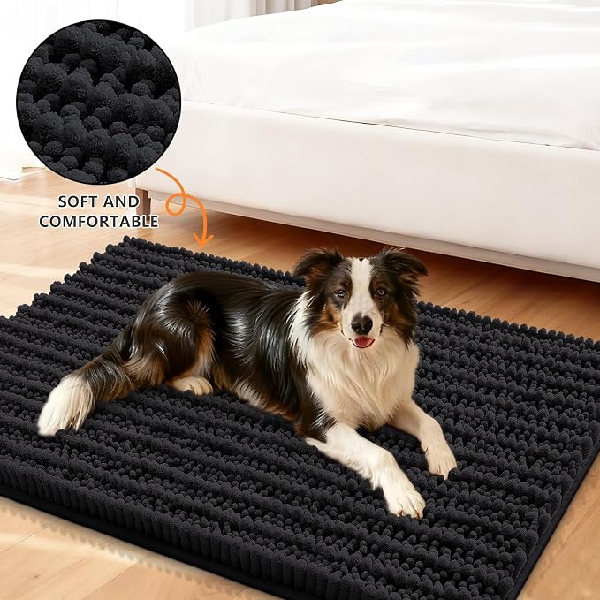 Smiry Dog Door Mat for Muddy Paws 47x32, Absorbent Dirt Trapper, Non-Slip Washable Chenille Entryway Rug for Inside Floor, Black, Layered Pattern