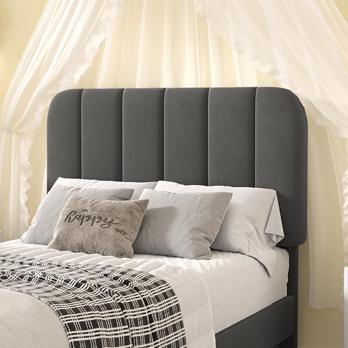 VECELO Twin Size Bed Frame with Upholstered Headboard, Velvet Platform Bedframe Mattress Foundation, Strong Wood Slat Support, No Box Spring Needed,Grey
